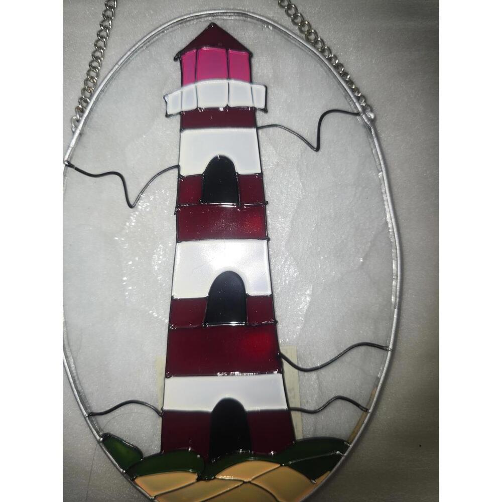 Red White Lighthouse Stained Glass Suncatcher Coastal Nautical Beach Decor